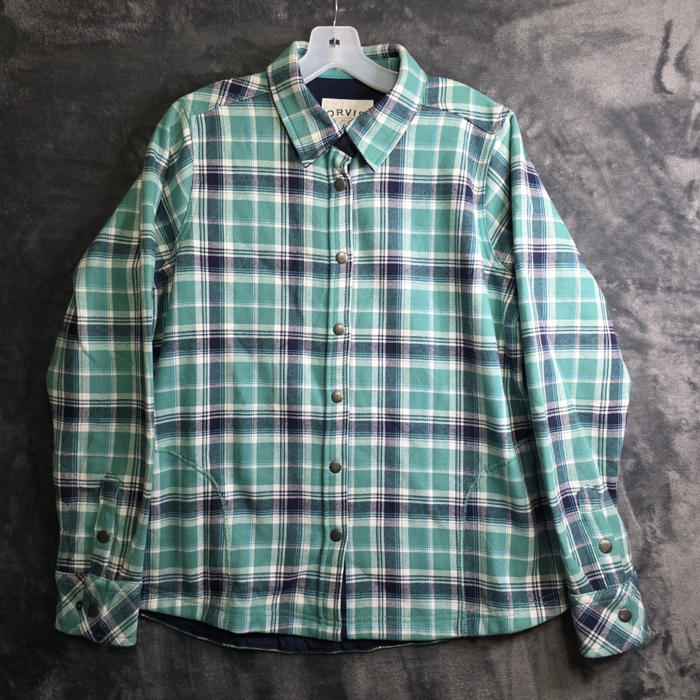 Orvis Fleece Lined Flannel Shirt Jacket Women's Green Plaid Snap Close Shacket